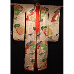 Large Wedding Kimono With Embroidered Silk Fans, Uchikake - Japan - 20th Century
