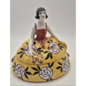 Limoges, France, "elegant Woman In A Floral Dress", Polychrome Enameled Porcelain Box