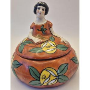 Limoges, France, "elegant Woman In A Floral Dress", Polychrome Enameled Porcelain Box