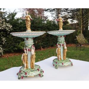Pair Of Meissen-type Polychrome Porcelain Centerpieces