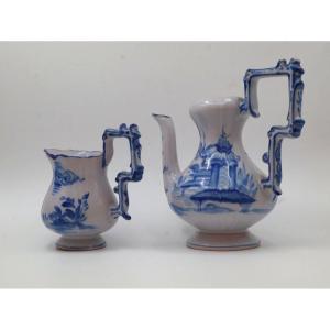 Emile Gallé, Pair Of Earthenware Pitchers With Blue Decoration