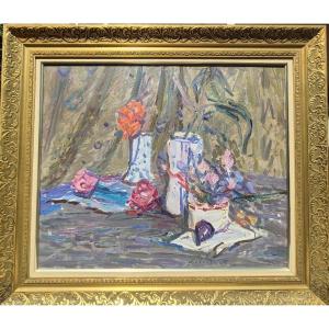 Émile Sabouraud (1900-1996) – "Pois de senteur" – Grande nature morte aux fleurs