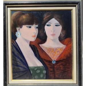 Charles Levier (1920–2003) – “before Going Out” – Oil On Canvas – Double Portrait Of Women