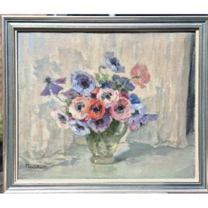Marie Réol (1880-1963) – "anemones On The Curtain" – Oil On Canvas, Signed