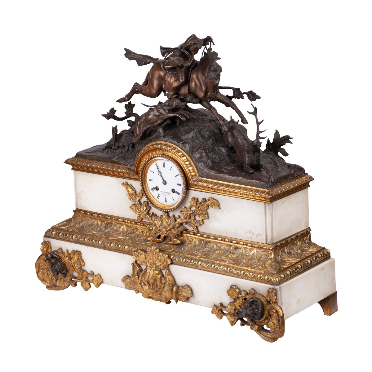 A Large Antique Mantel Clock With Hunting Scene-photo-3