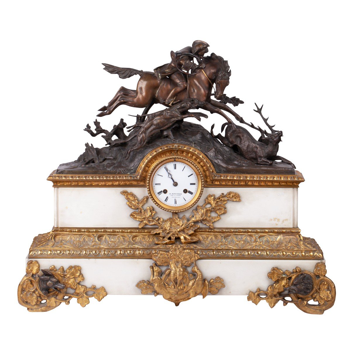 A Large Antique Mantel Clock With Hunting Scene