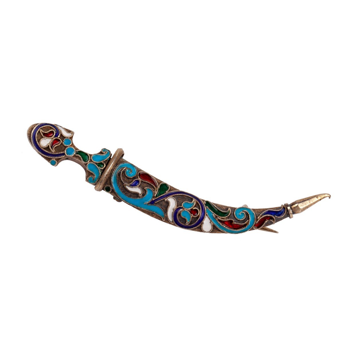 A Silver And Cloisonné Enamel Brooch From The Russian Imperial Period In The Shape Of A Kindjal.