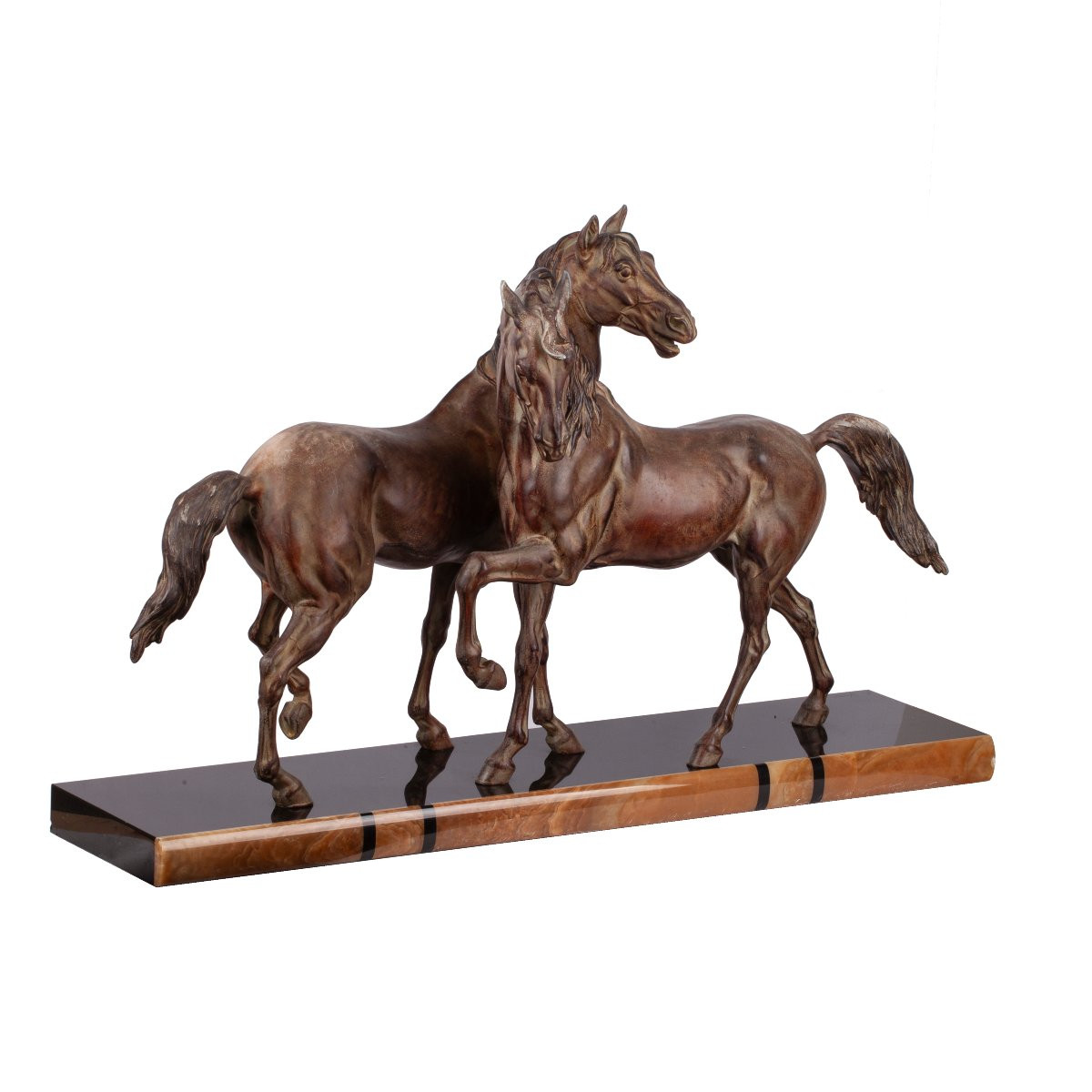 Art Deco Style Patinated Spelter Horses On A Magnificent Marble Base-photo-4