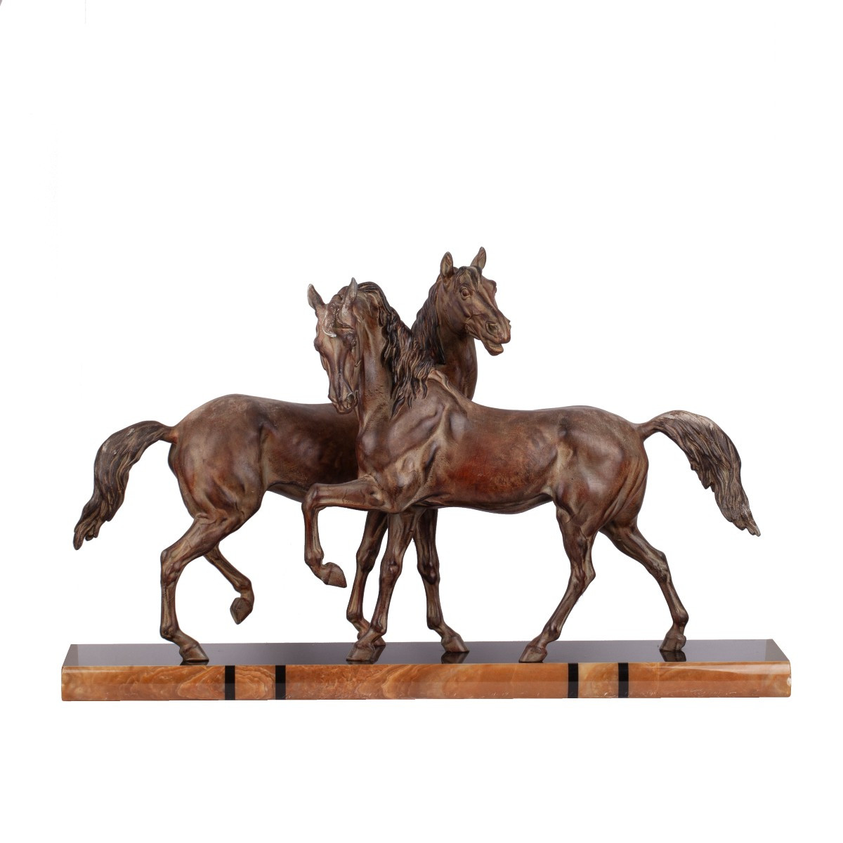 Art Deco Style Patinated Spelter Horses On A Magnificent Marble Base
