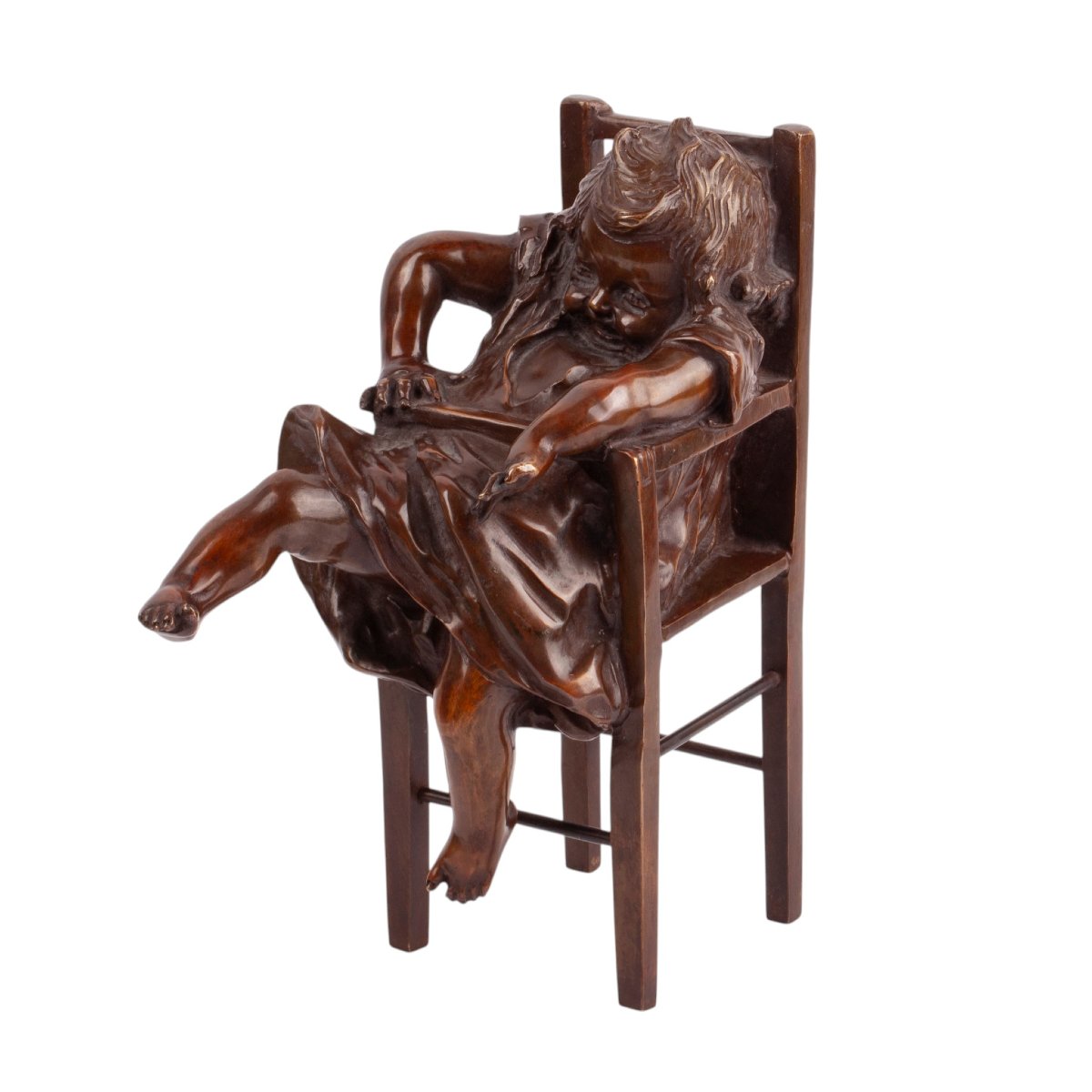 Juan Clara Ayats – Fillette sur une chaise haute, sculpture en bronze, signée