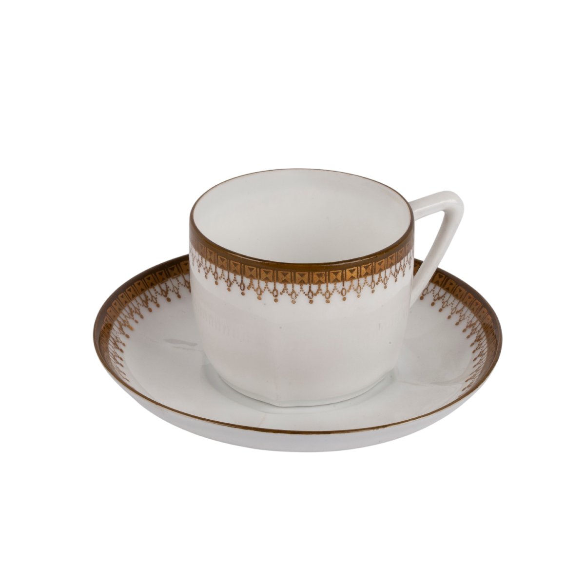 Antique Russian Gardner Porcelain Cup And Saucer “olive & Gold”, Late 19th Century-photo-2