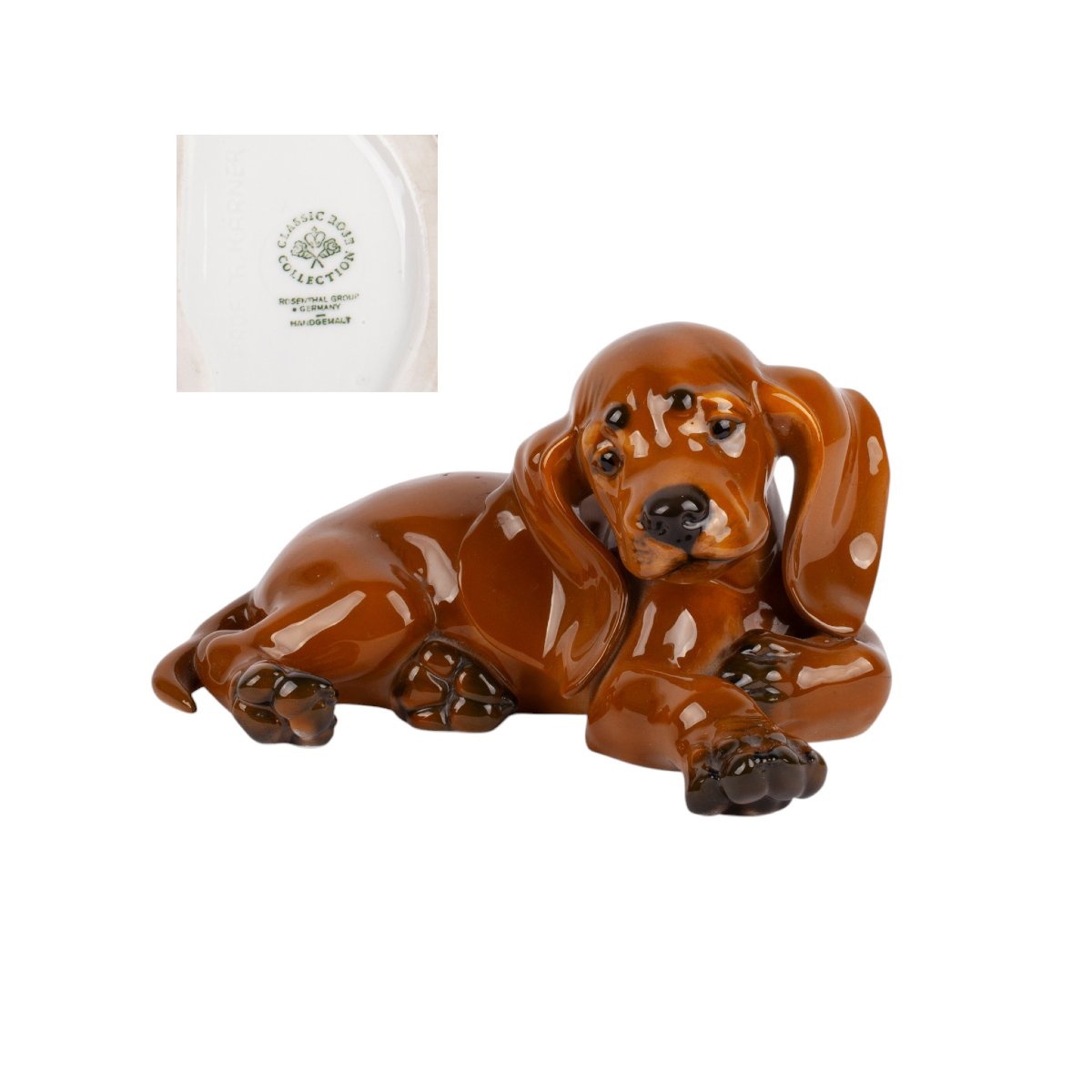 Sujet en porcelaine Rosenthal représentant un teckel couché, Allemagne, peint à la main