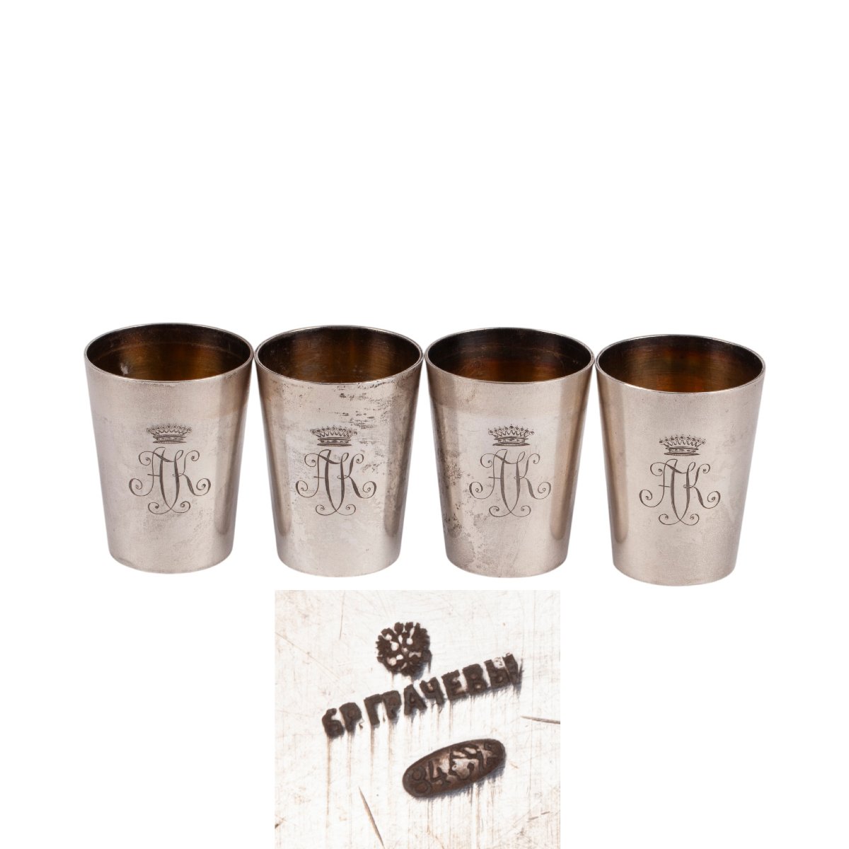 Set Of Four Russian Silver Shot Glasses, Grachev Brothers, Late 19th–early 20th Century