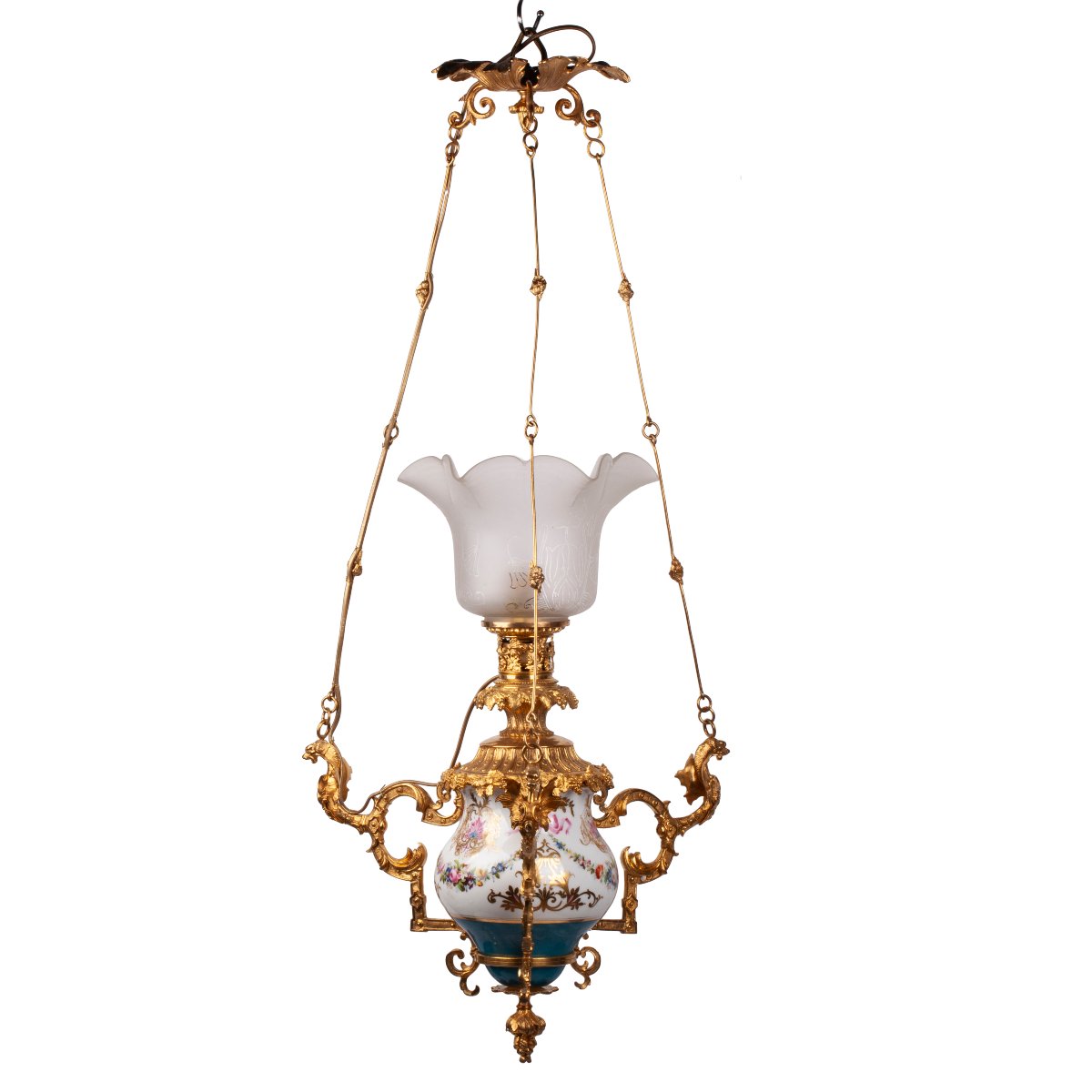 Lampe suspendue Napoléon III en porcelaine et opaline