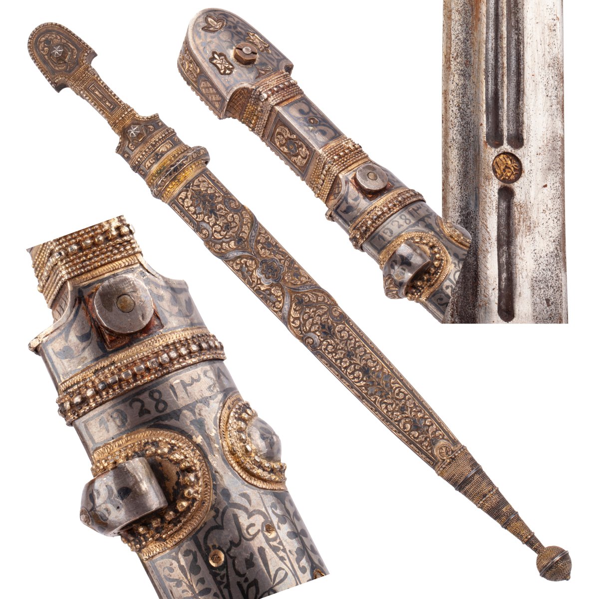 Poignard Kindjal caucasien à décor niellé d'argent, Haji Ali, 1348 AH