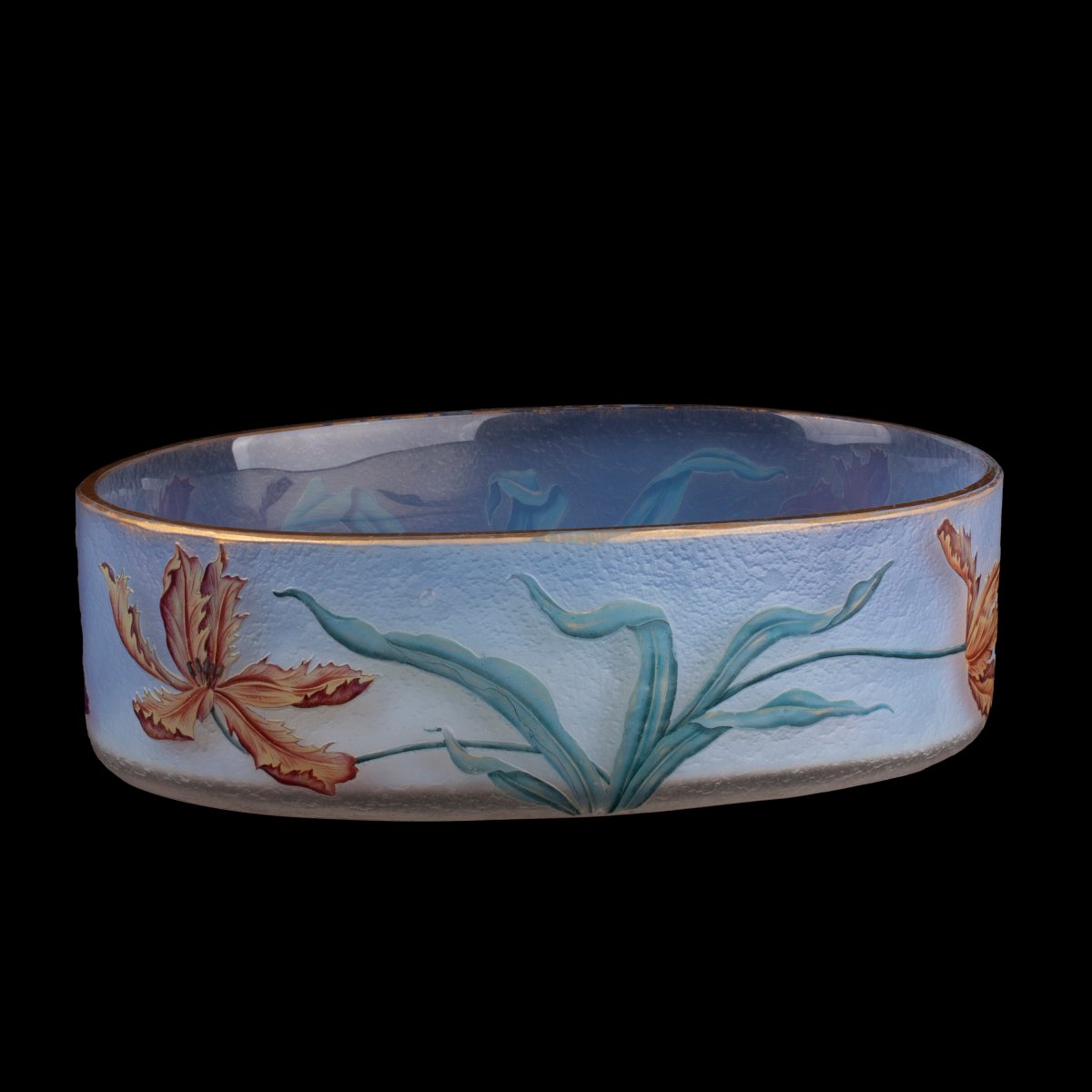 Museum-quality Daum Nancy Art Nouveau Oval Glass Fruit Bowl With Polychrome Tulips, Circa 1900-photo-2