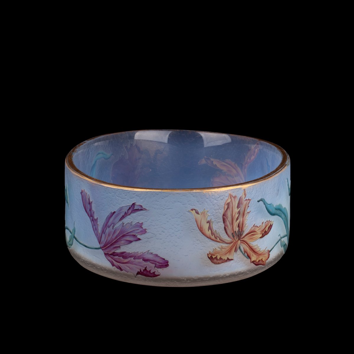 Museum-quality Daum Nancy Art Nouveau Oval Glass Fruit Bowl With Polychrome Tulips, Circa 1900-photo-3