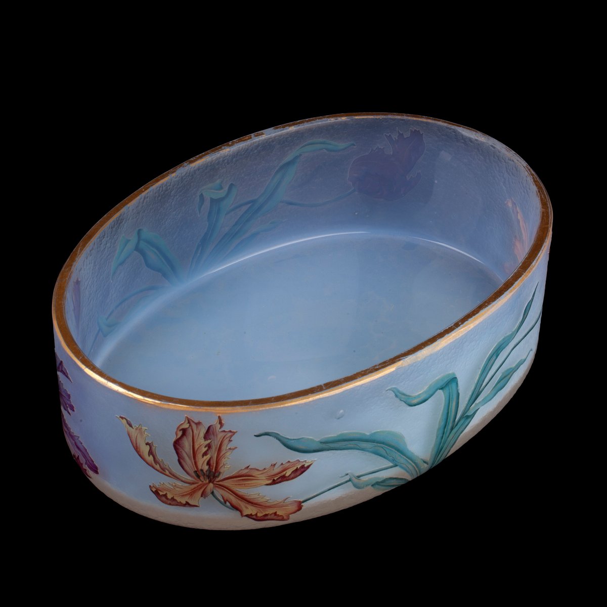 Museum-quality Daum Nancy Art Nouveau Oval Glass Fruit Bowl With Polychrome Tulips, Circa 1900-photo-4