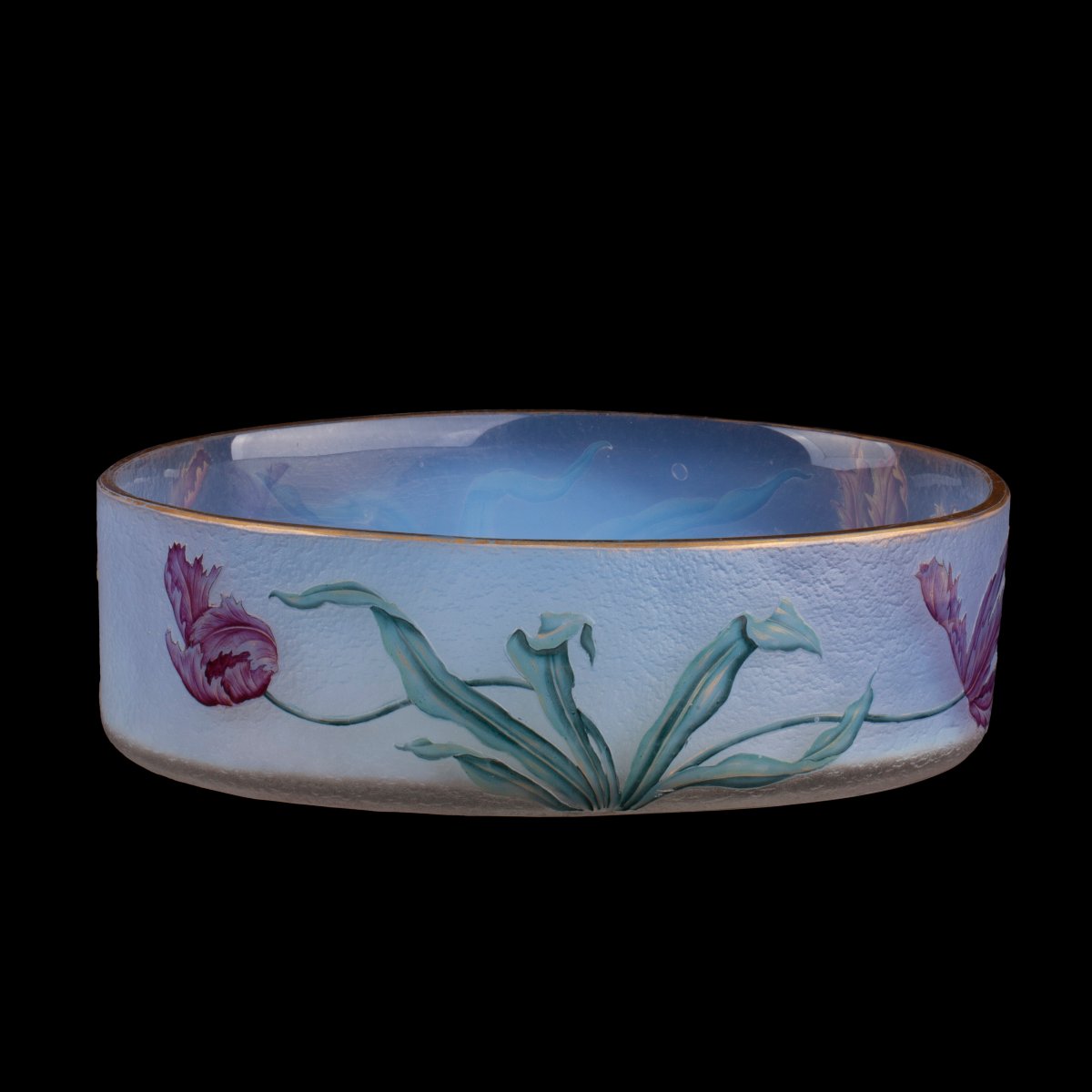 Museum-quality Daum Nancy Art Nouveau Oval Glass Fruit Bowl With Polychrome Tulips, Circa 1900