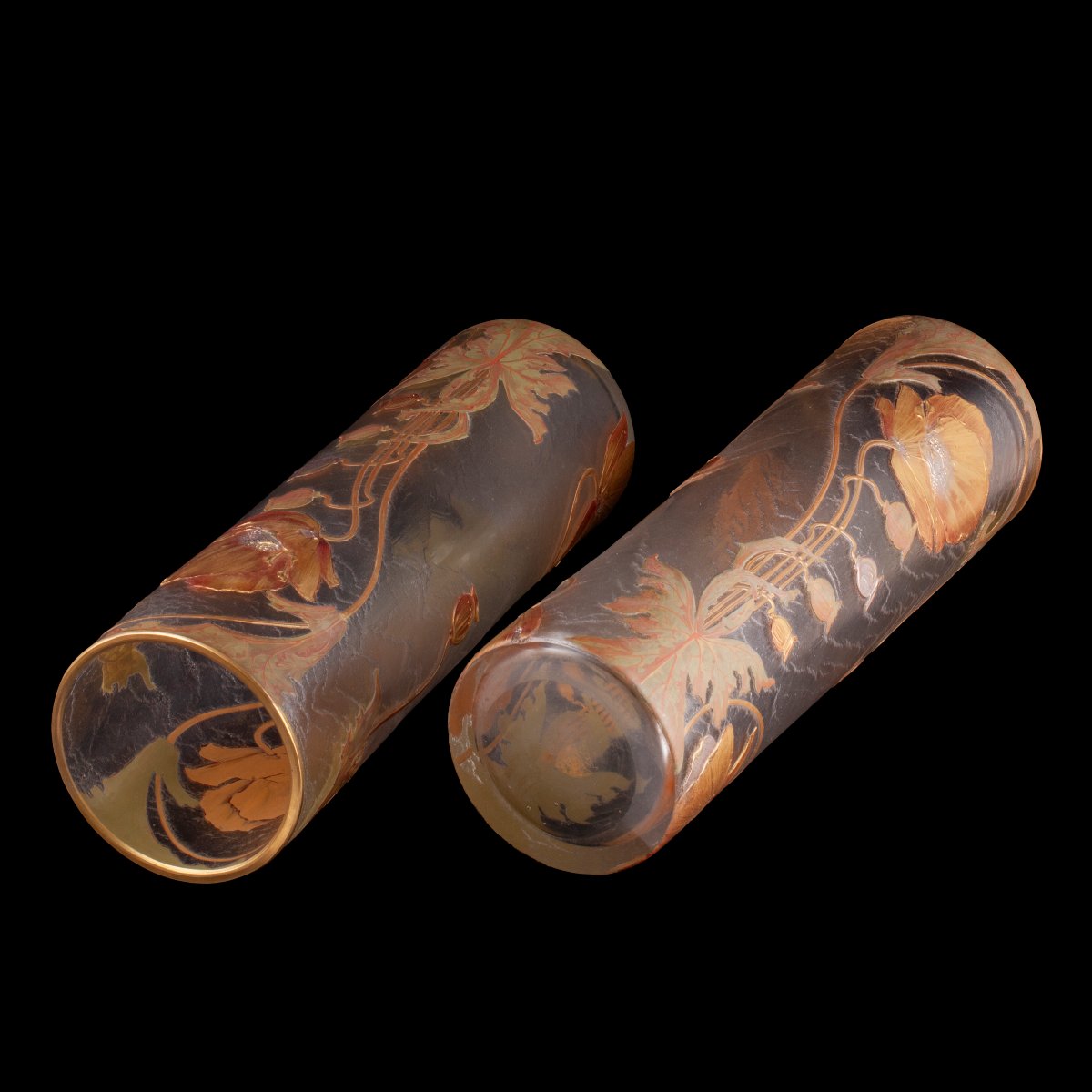Paire de grands vases Art nouveau Mont Joye – Legras & Cie, verre givré à décor de pavots dorés-photo-3