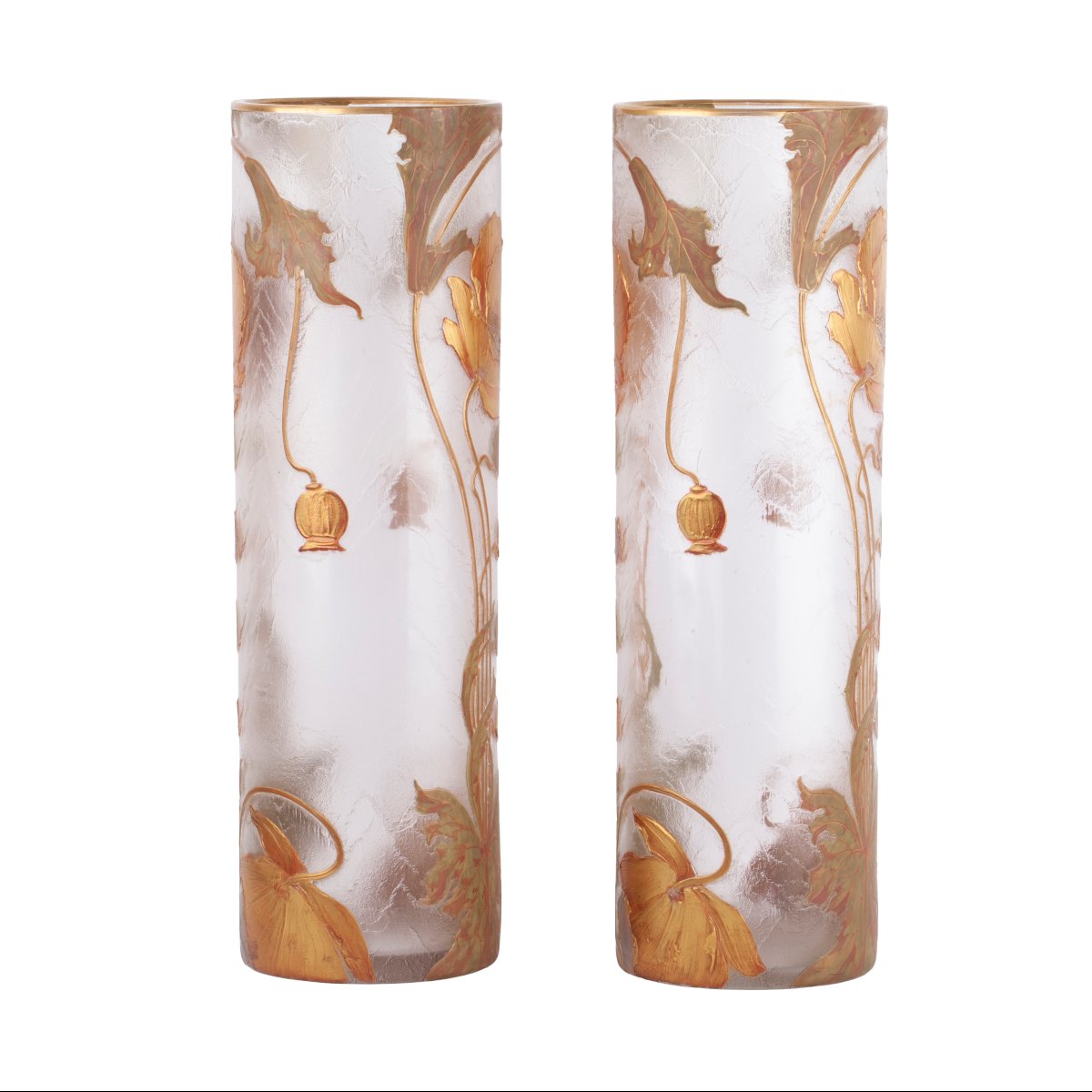 Paire de grands vases Art nouveau Mont Joye – Legras & Cie, verre givré à décor de pavots dorés-photo-4