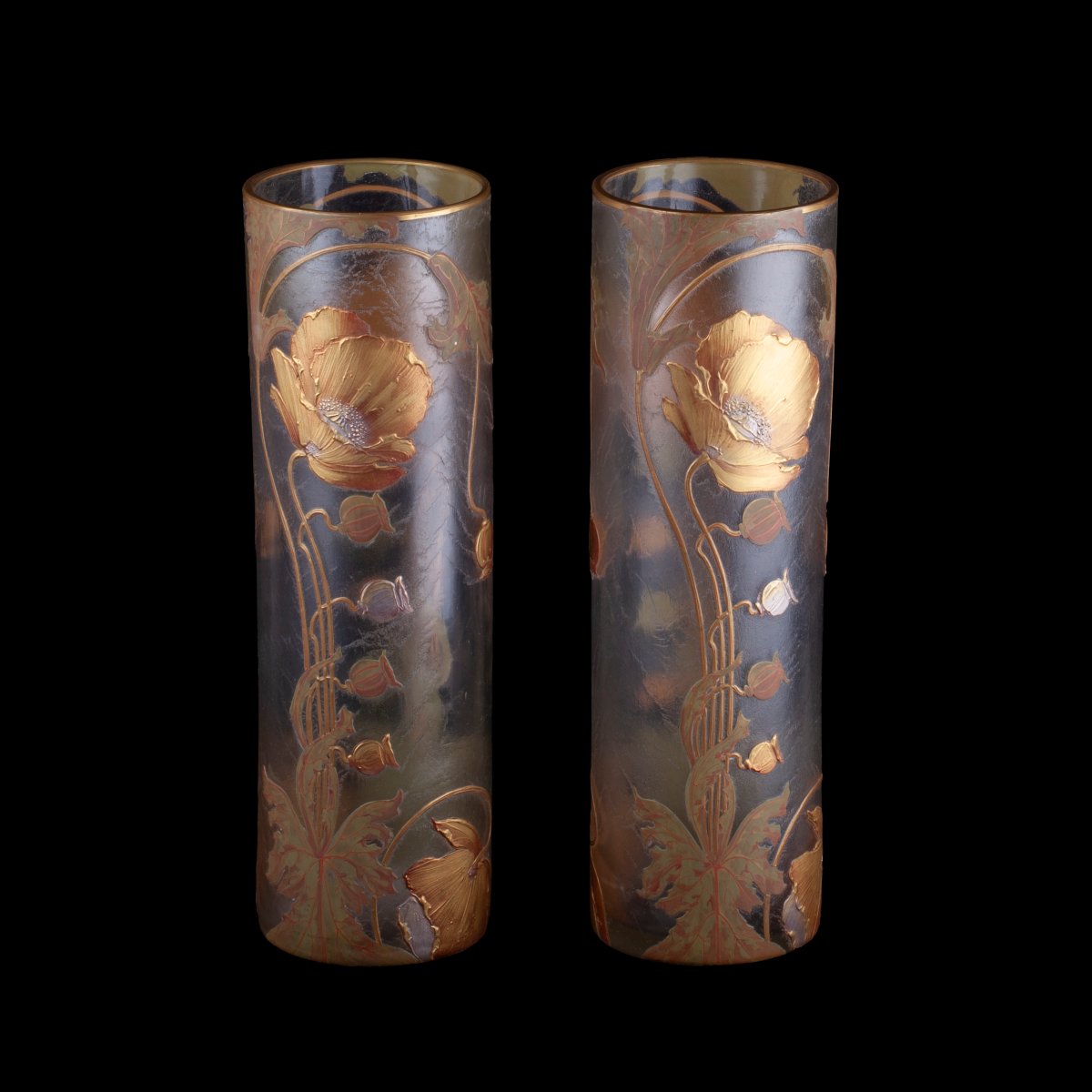 Paire de grands vases Art nouveau Mont Joye – Legras & Cie, verre givré à décor de pavots dorés