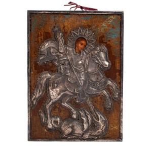 A Russian Wood Icon In Silver Riza “st. George And The Dragon”