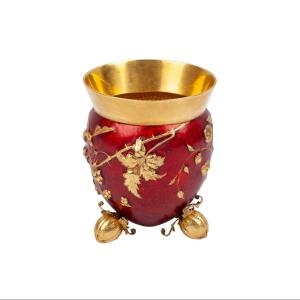 An Unusual Russian Silver-gilt And Lacquered Enamel Beaker. Marked P. Ovchinnikov 