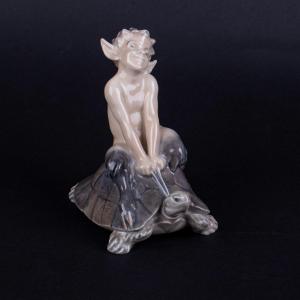 Royal Copenhagen Figurine Representing A Faun Riding A Turtle