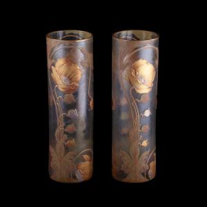 Pair Of Large Art Nouveau Mont Joye Vases By Legras & Cie, Made Of Frosted Glass With A Design Of Golden Poppies