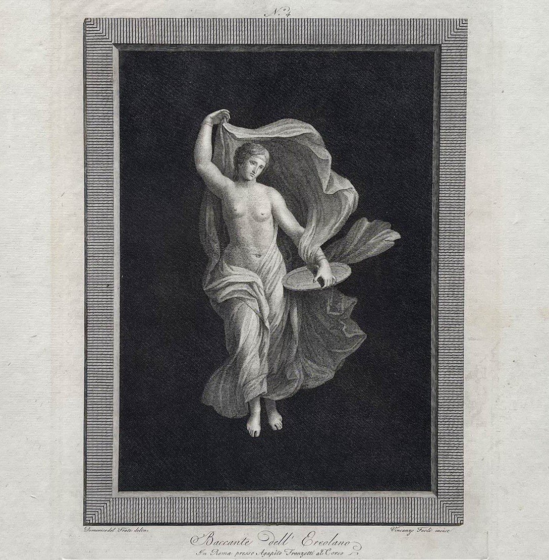 Bacchante Playing The Basque Drum, 18th Century Burin Engraving- Domenico Del Frate / Vincenzo Feoli