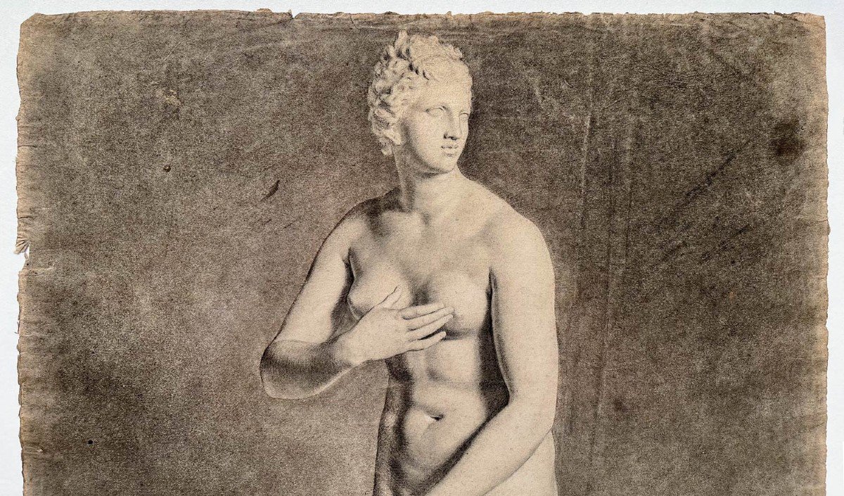 Nu Féminin, Grand Dessin Académique Au Fusain Représentant La Venus De Medicis – Fin XVIIIe-photo-3