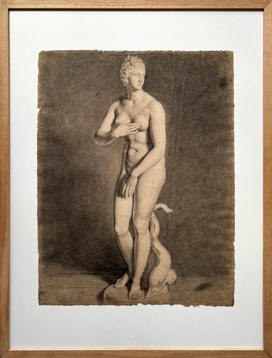 Nu Féminin, Grand Dessin Académique Au Fusain Représentant La Venus De Medicis – Fin XVIIIe-photo-6