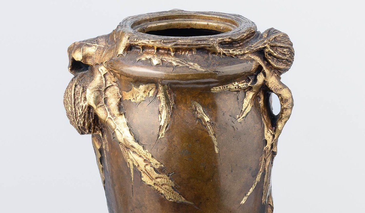 Art Nouveau Bronze Vase Decorated With Golden Thistles – Albert Marionnet (1870-?)-photo-2