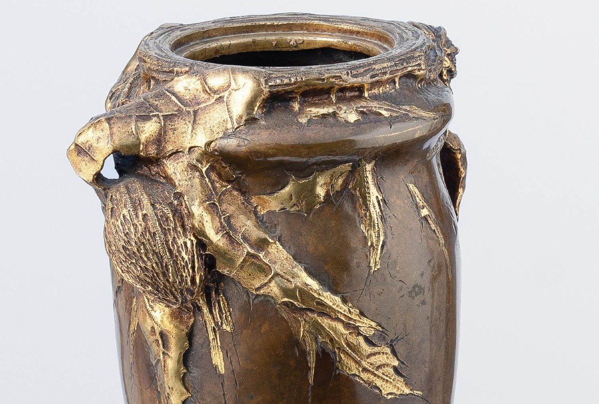 Art Nouveau Bronze Vase Decorated With Golden Thistles – Albert Marionnet (1870-?)-photo-3