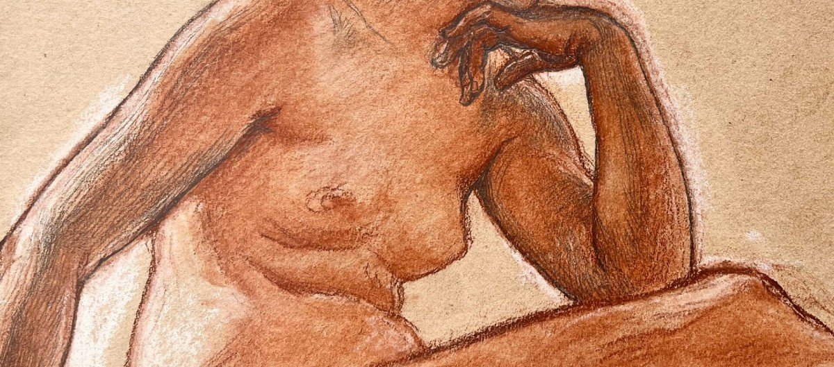 Preparatory Drawing With Three Pencils - Female Nude With Pearl - Alexis-joseph Mazerolle-photo-4