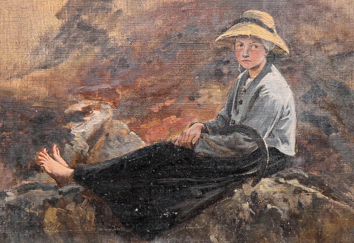 Oil Study On Canvas - Little Peasant Girl Resting - Alexis-joseph Mazerolle-photo-3