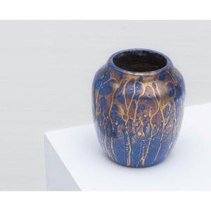 Small « Tea Dust » Vase In Blue Glazed Stoneware With Gold Highlights - Léon Pointu (fontainebleau 1879 - Saint-amand-en-puisaye 1942)