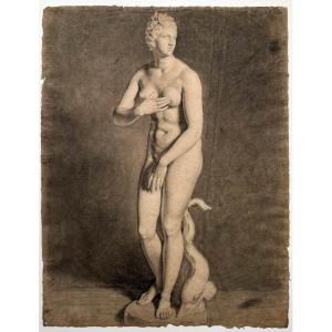Nu Féminin, Grand Dessin Académique Au Fusain Représentant La Venus De Medicis – Fin XVIIIe