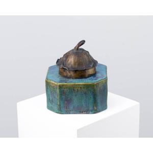 Stoneware Inkwell With Turquoise Covering Shaded With Oxblood Red – Pierre-adrien Dalpayrat