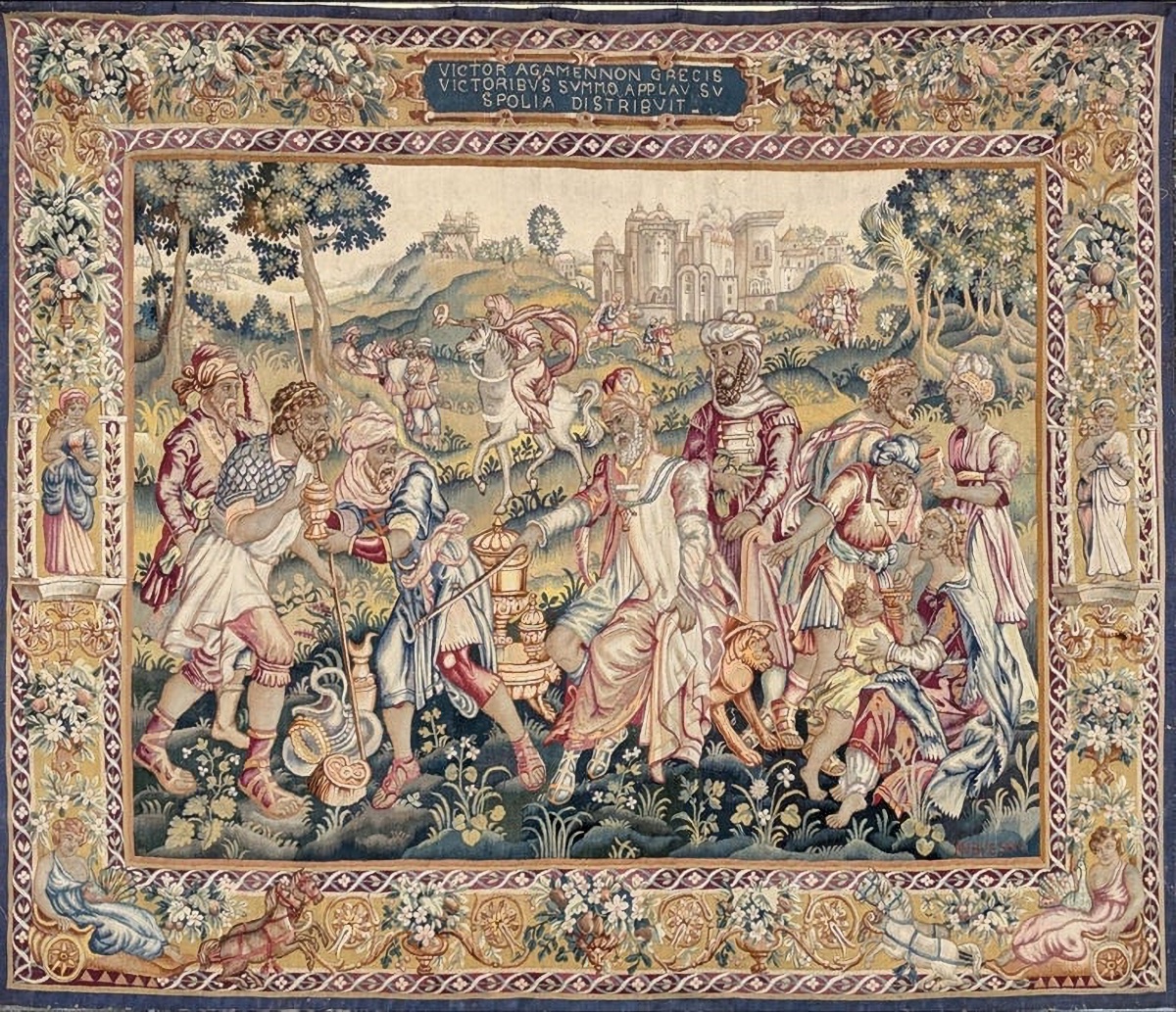 Tapisserie d'Aubusson « Agamemnon Victorieux Distribuant Le Butin Aux Grecs », début du XXe-photo-2