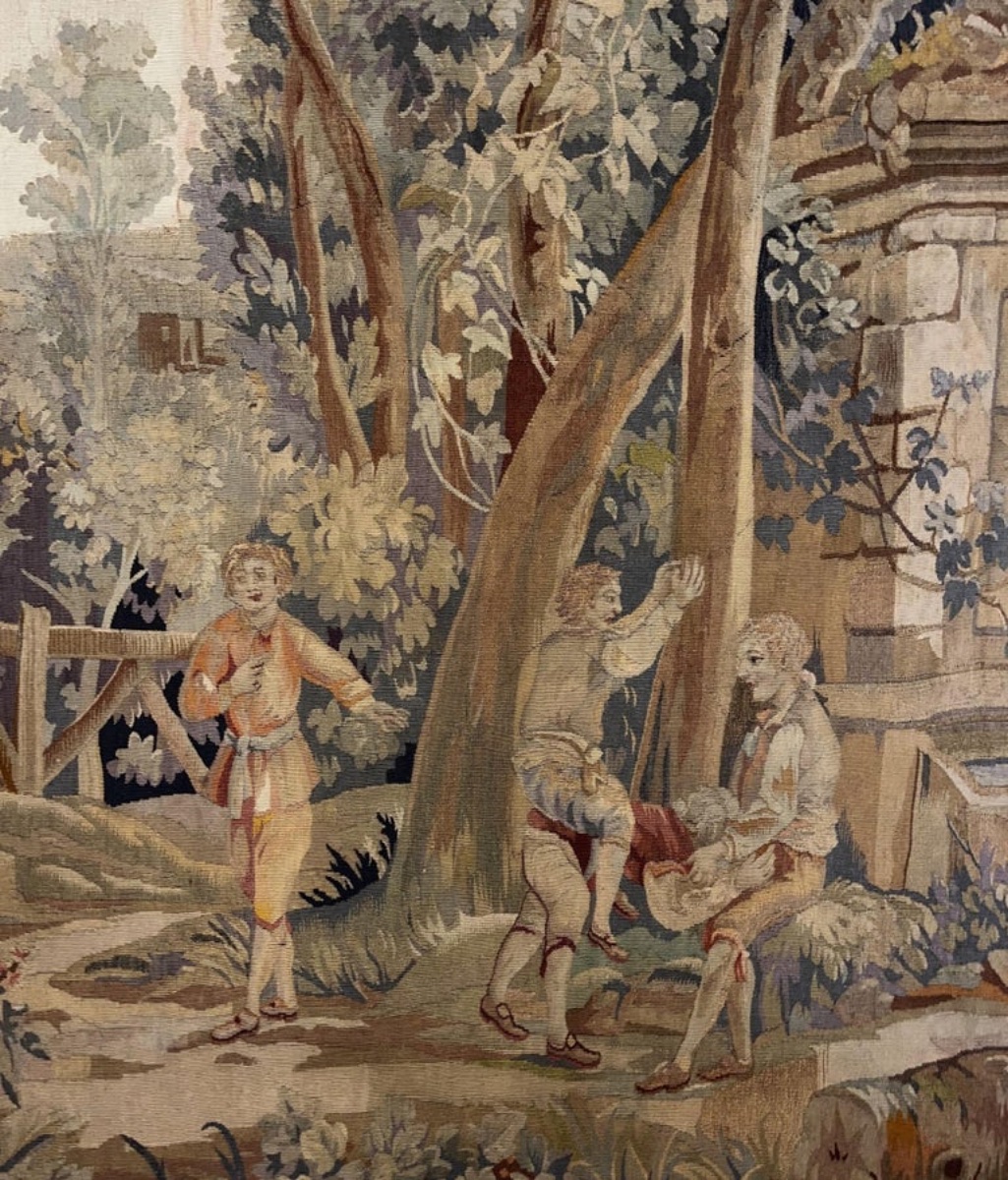 Aubusson Wool Tapestry "decorated With Children Playing" Late 19th Century-photo-2