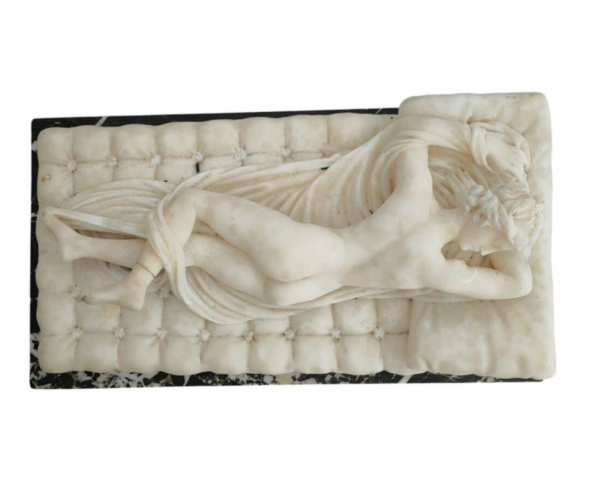 "hermaphrodite" Sculpture From The Italian School, 19th Century. Group In White Carrara Marble.-photo-3