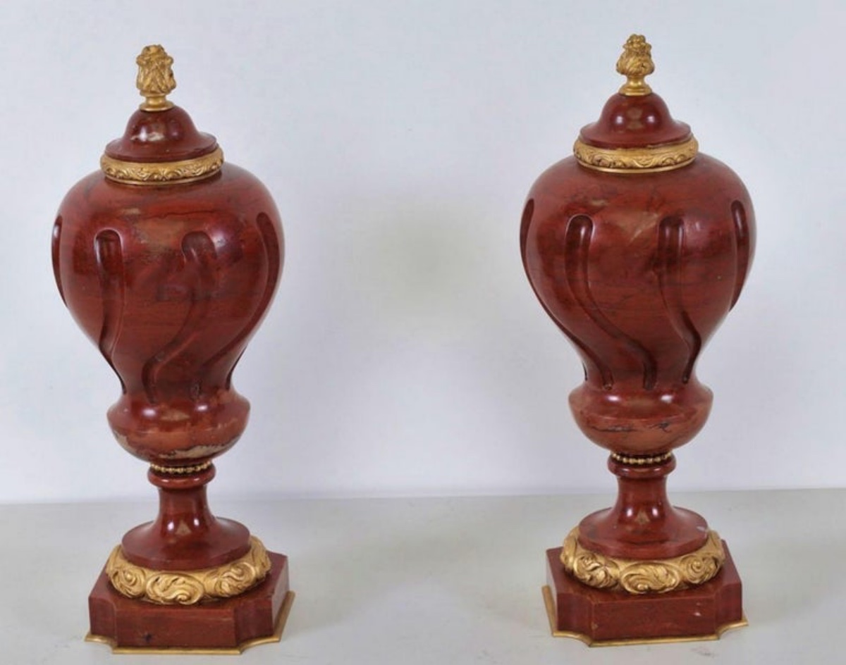 Paire De Cassolettes En Marbre Rouge Du Début Du XXe Siècle-photo-4