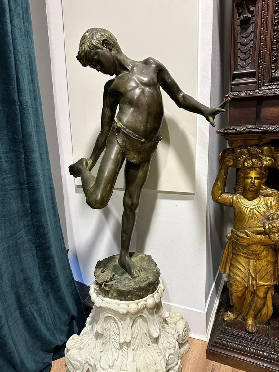  Patinated Bronze Sculpture Representing "the Child And The Crab", 19th Century-photo-2