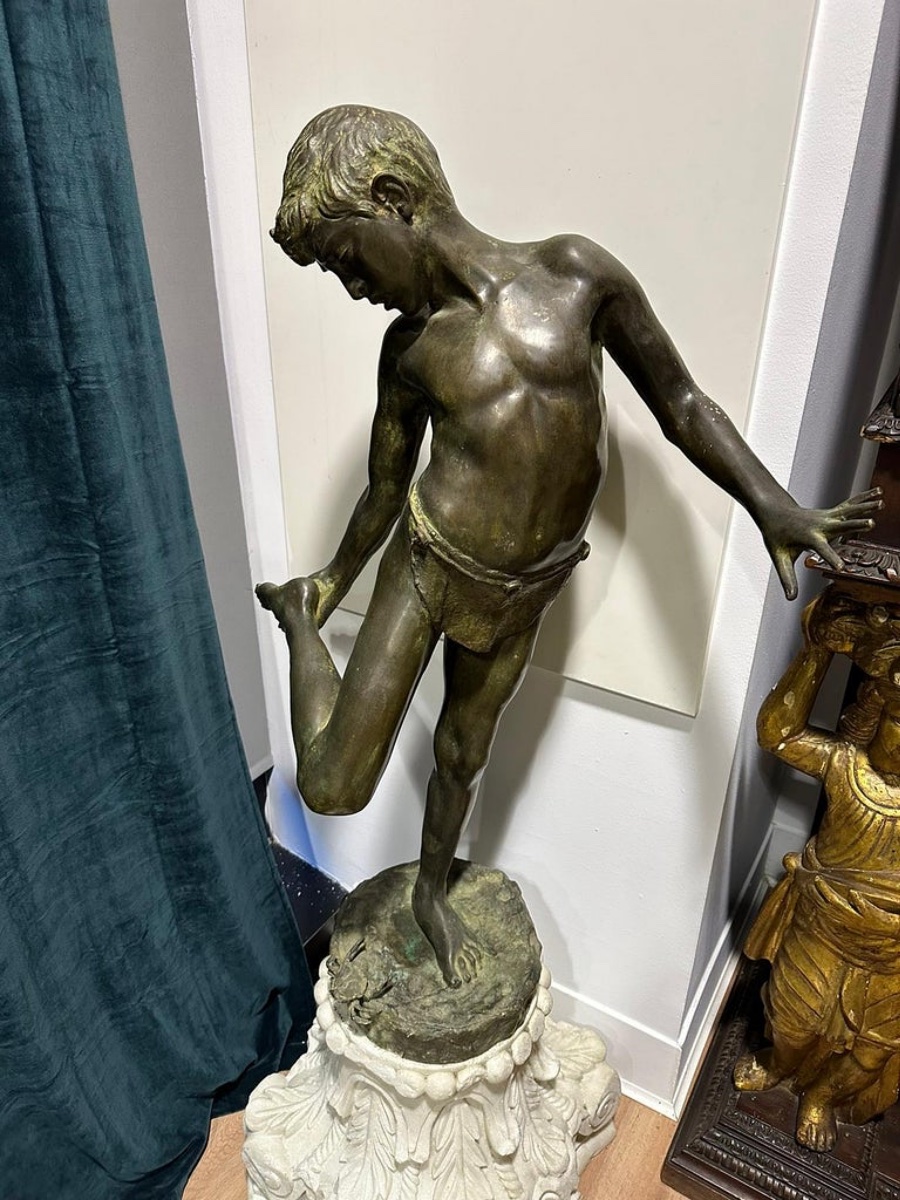  Patinated Bronze Sculpture Representing "the Child And The Crab", 19th Century-photo-3
