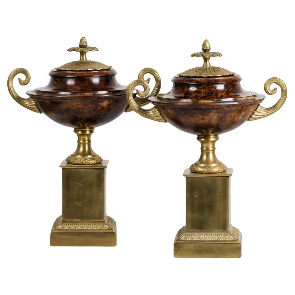 Pair Of Early 20th Century Italian Decorative Cups In Gilt And Marbled Metal.