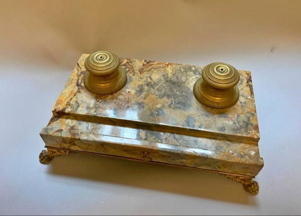 Encrier De Bureau En Marbre Jaune De Sienne Et Bronze, époque Napoléon III, XIXe Siècle-photo-2