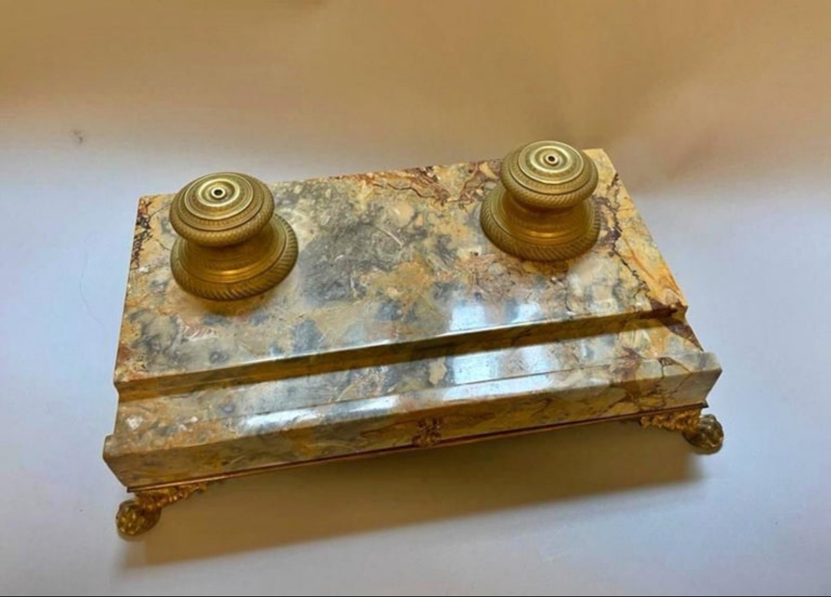 Encrier De Bureau En Marbre Jaune De Sienne Et Bronze, époque Napoléon III, XIXe Siècle-photo-3