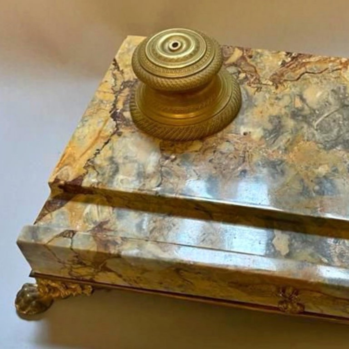 Encrier De Bureau En Marbre Jaune De Sienne Et Bronze, époque Napoléon III, XIXe Siècle-photo-4
